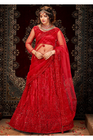 Scarlet Red Embroidered Net Designer Lehenga Choli