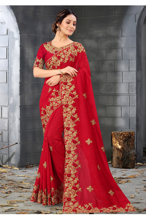 Scarlet Red Embroidered Silk Saree