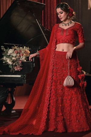Scarlet Red Hand Embroidered Net Bridal Lehenga Choli