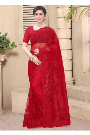 Scarlet Red Resham Embroidered Net Saree