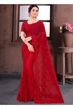 Scarlet Red Resham Embroidered Net Saree