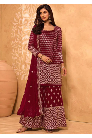 Scarlet Red Zari Embroidered Palazzo Kameez Suit