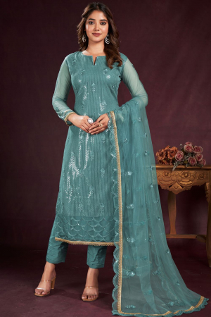 Sea Blue Embroidered Net Plus Size Suit