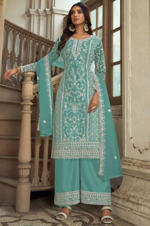 Sea Blue Heavy Butterfly Net Palazzo Suit