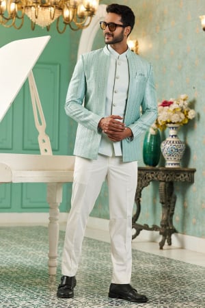 Sea Green Art Silk Jodhpuri Blazer