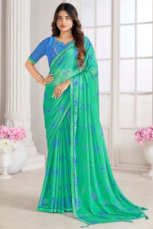 Sea Green Digital Print Chiffon Saree