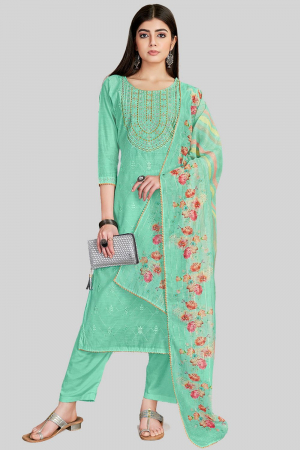 Sea Green Embroidered Chanderi Silk Pant Kameez