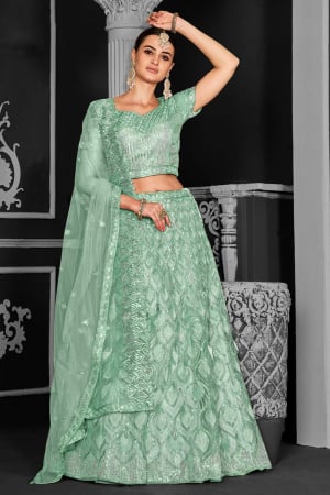 Sea Green Embroidered Net Designer Lehenga Choli