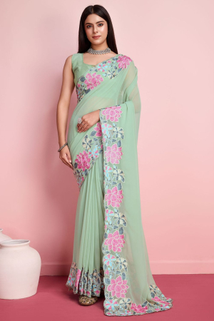 Sea Green Georgette Silk Embroidered Party Wear Saree