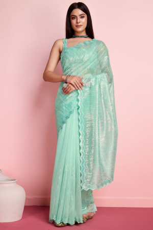 Sea Green Net Embroidered Party Wear Saree