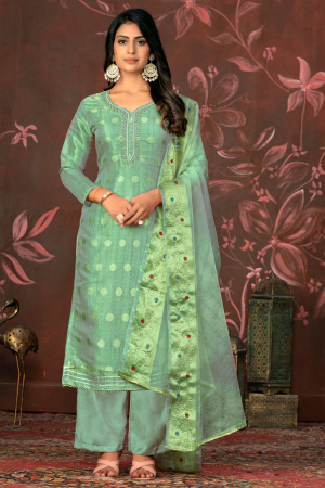 Sea Green Woven Hand Work Readymade Suit