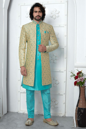 Turquoise and Pastel Yellow Jacquard Silk 3 Pc Indo Western Outfit