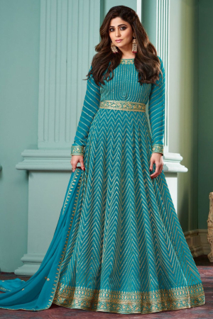 Shamita Shetty Azure Blue Georgette Anarkali Gown with Dupatta