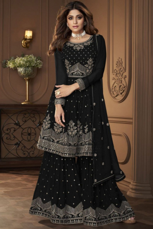 Shamita Shetty Black Embroidered Georgette Sarara Kameez