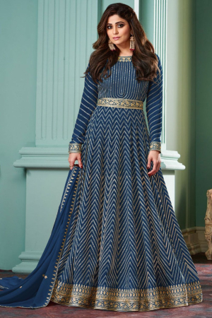 Shamita Shetty Cobalt Blue Georgette Anarkali Gown with Dupatta