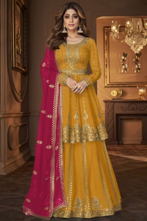 Shamita Shetty Embroidered Georgette Mustard Lehenga Kameez