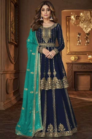 Shamita Shetty Embroidered Georgette Navy Blue Lehenga Kameez