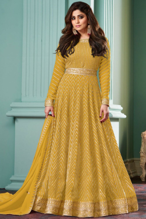 Shamita Shetty Mustard Georgette Anarkali Gown with Dupatta