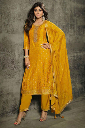 Shilpa Shetty Golden Yellow Pure Jacquard Trouser Kameez Suit