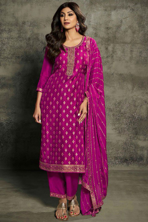 Shilpa Shetty Magenta Pure Jacquard Trouser Kameez Suit