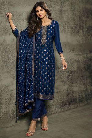 Shilpa Shetty Navy Blue Pure Jacquard Trouser Kameez Suit