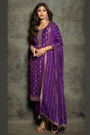 Shilpa Shetty Purple Pure Jacquard Trouser Kameez Suit