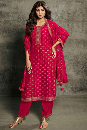 Shilpa Shetty Red Pure Jacquard Trouser Kameez Suit