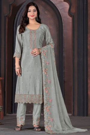 Silver Grey Embroidered Chinnon Pant Kameez
