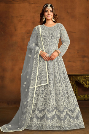 Silver Grey Embroidered Net Anarkali Dress
