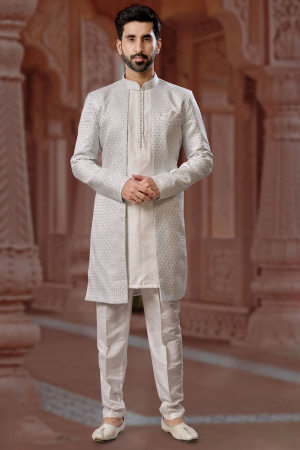 Silver Grey Heavy Wedding Wear Indo Sherwani