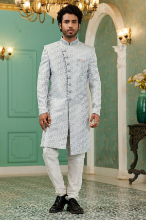 Silver Grey Jacquard Silk Indo Western Outfit