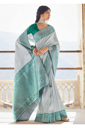 Silver Grey Silk Designer Saree