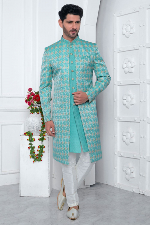 Aqua Blue Jacquard Silk 3 Pc Indo Western Outfit