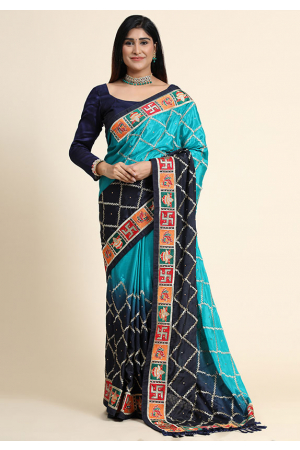 Sky Blue and Midnight Blue Embroidered Chinnon Silk Saree