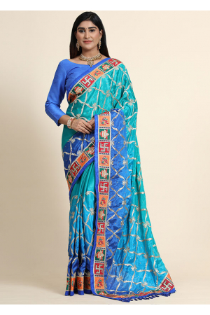 Sky Blue and Royal Blue Embroidered Chinnon Silk Saree