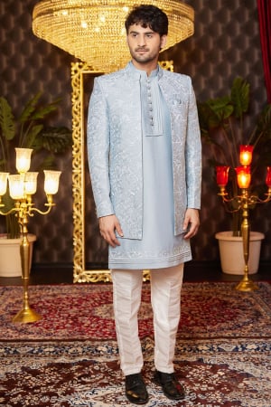 Sky Blue Art Silk 3 Piece Indo Western Outfit for Wedding