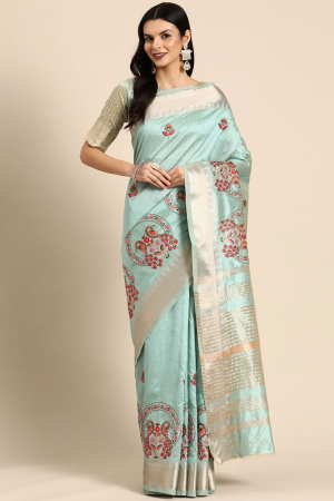 Sky Blue Assam Cotton Silk Floral Thread  Embroidery Work Party Wear Saree