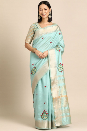 Sky Blue Assam Cotton Silk Thread  Embroidery Work Party Wear Saree