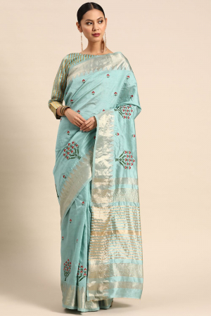 Sky Blue Assam Cotton Silk Thread And Zari Embroidery Work Party Wear Saree