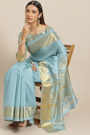 Sky Blue Assam Silk with Golden Broad Border Party Wear Saree