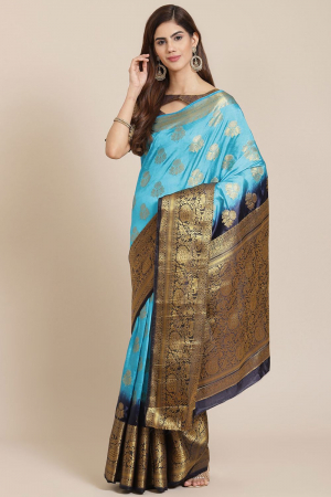 Sky Blue Banarasi Silk Golden Border Jacquard Printed Party Wear Saree