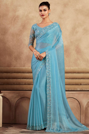 Sky Blue Chiffon Silk Saree with Embroidered Blouse