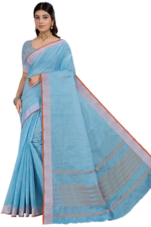 Sky Blue Cotton Linen Saree with Zari Border