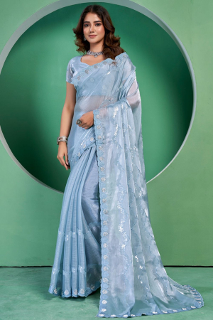 Sky Blue Embellished Silk Saree for Party
