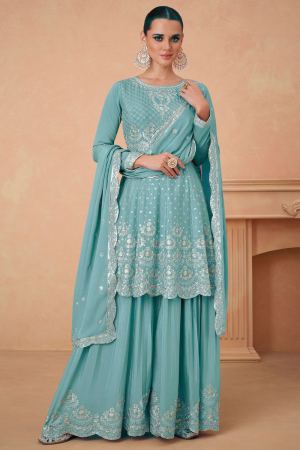 Sky Blue Embroidered Chinnon Designer Palazzo Kameez