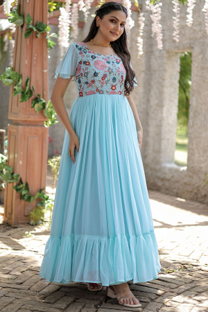 Sky Blue Embroidered Faux Georgette Gown