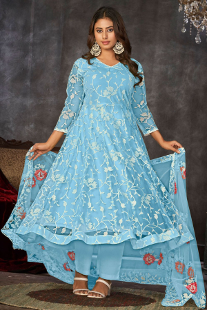 Sky Blue Embroidered Net Anarkali Dress for Party