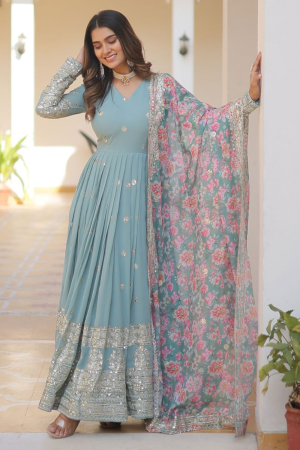Sky Blue Faux Geoegette Gown with Dupatta