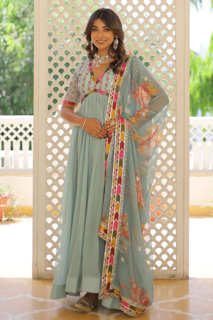 Sky Blue Faux Georgette Embroidered Gown