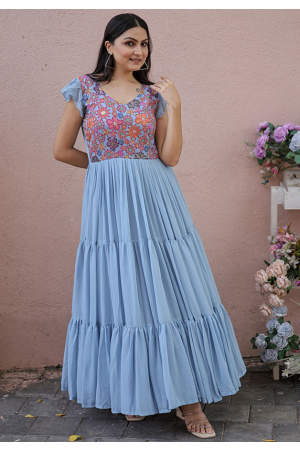 Sky Blue Faux Georgette Floral Printed Gown